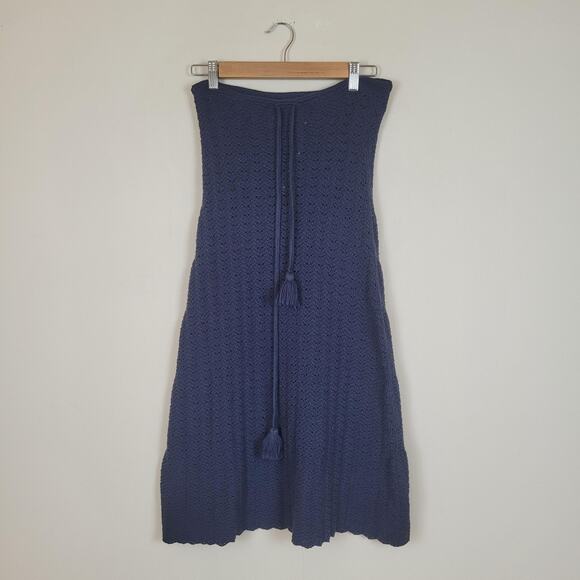 ESCVDO Skirt XS Navy Blue Handmade Crochet Cotton Tassel Drawstring Midi Peru - Picture 1 of 6